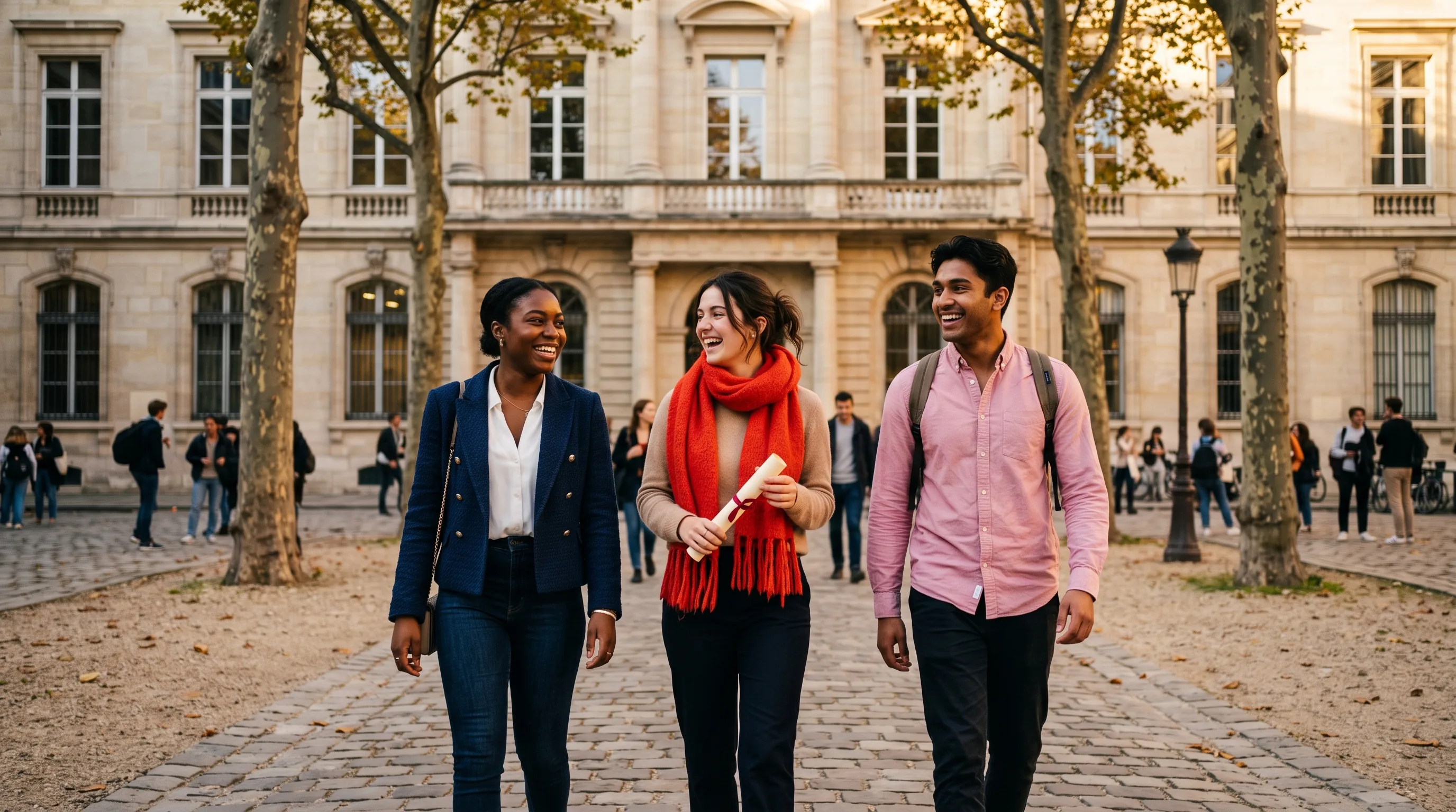 Trois jeunes diplômés marchent en riant sur le parvis d’une université, un rouleau de papier à la main.